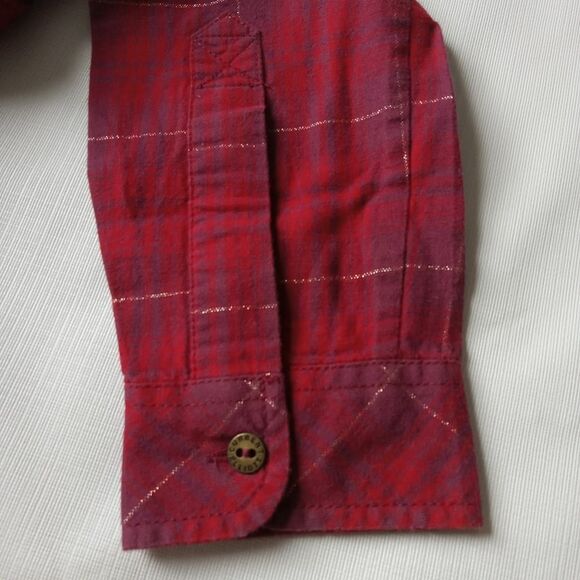 Current/Elliott Red Long Sleeve Frayed Hem Plaid Button Up Cotton Shirt Size 1 - Picture 11 of 15